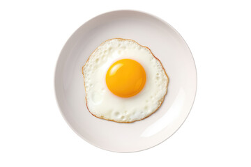 One fried egg on white plate isolated on white background, top view.