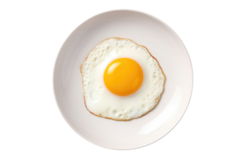 One fried egg on white plate isolated on white background, top view.