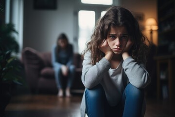 Stressed and unhappy young girl crying and trapped in middle of tension by her parent argument in living room. - obrazy, fototapety, plakaty
