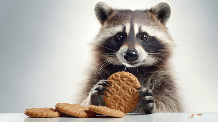 Close-up image of a raccoon holding a cookie, surrounded by more cookies. On light background. With copy space. Cute animal. Ideal for pet food advertisements or wildlife humor content. - obrazy, fototapety, plakaty
