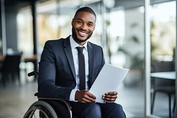 Confident Disabled Businessman in a Wheelchair Working in a Modern Office Environment - obrazy, fototapety, plakaty