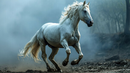 White horse with long mane running in foggy forest. Side view. Beautiful white stallion running in the smoke on a background of blue sky
