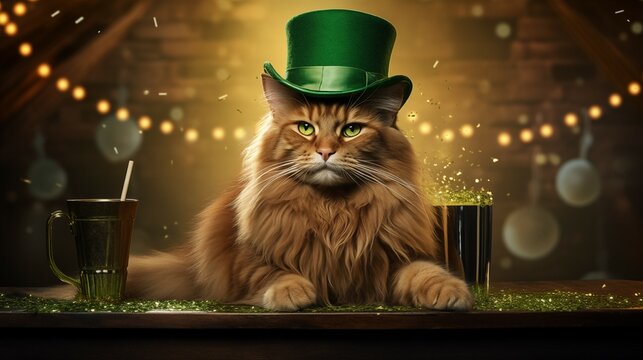 St. Patrick's day banner with mainecoon cat wearing green irish elf hat, gold coins, glitter and shamrock clover leaves.