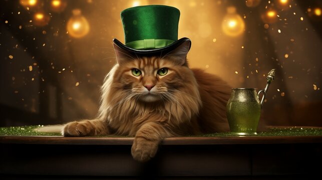 St. Patrick's day banner with mainecoon cat wearing green irish elf hat, gold coins, glitter and shamrock clover leaves.