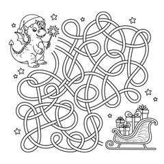 Outline maze educational game for children. Kids Labyrinth puzzle. Help cute Dragon with a sparkler in paws and in hat of Santa find way to sleigh with gifts. Vector animal of Chinese New Year 2024.