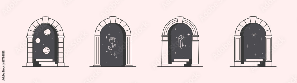 Wall mural vector mystic logo design templates with portal,steps,planets,outer space,stars,rose and gem.surreal