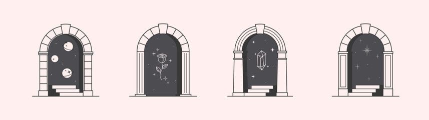 Vector mystic logo design templates with portal,steps,planets,outer space,stars,rose and gem.Surreal abstract illustrations in trendy minimal outline style.Celestial emblems.Branding design templates.