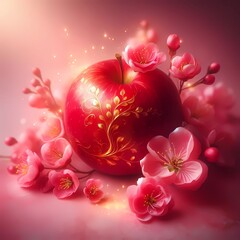 "A captivating red apple adorned with golden touches rests against a soft, pink backdrop. The formation of delicate pink blossoms and the gentle play of light around it exude an aura of enchantment an