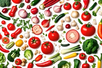 Colorful set of vegetables of red and green color isolated on white background top view, design for vegetable menu. Tomato onion cucumber sweet pepper zucchini Peking cabbage cauliflower radish basil-
