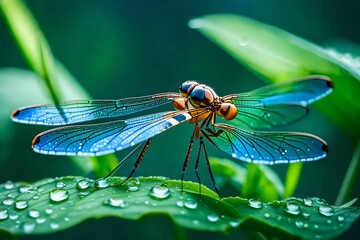 Dragonfly on leaf of plant with drop of morning dew in nature outdoors in sunlight, close-up, toning in blue. Amazing excellent artistic image of beauty and harmony of natur