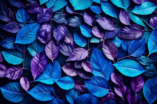 Texture natural leaves in blue and purple tones close-up. Nature background