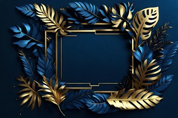 eautiful luxury dark blue textured 3D background frame with golden and blue tropical leaves. AI generate - obrazy, fototapety, plakaty