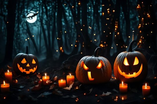 Decoration for Halloween. Two pumpkins with smile and horror, burning candles and white Ghost on background of dark night mystical forest, ultra wide format. Magical atmosphere with festive lights