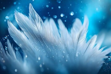 A drop of water dew on a fluffy feather close-up macro with sparkling bokeh on blue blurred background. Abstract romantic delicate magical artistic image for the holiday, cards, christmas, new year - obrazy, fototapety, plakaty