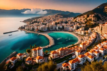 Panoramic landscape - Alanya Turkey resort town in cool morning light at sunrise top view. Beautiful natural panorama of city, mountains and sky with clouds in morning ligh
