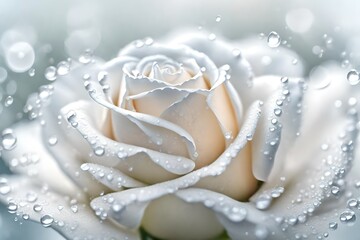 Beautiful white rose in dew drops close-up macro soft focus spring outdoor on a soft blurred white background. Floral background desktop wallpaper a postcard. Romantic soft gentle artistic image