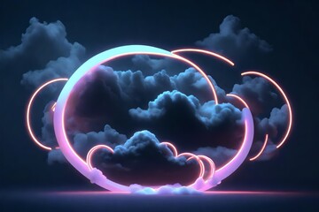 3d render, abstract cloud illuminated with neon light ring on dark night sky. Glowing geometric shape, round