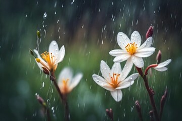 Two woven spring flower in the rain in a forest in spring close-up with soft focus. The romantic image of love, spring bloom wallpaper border template card for design