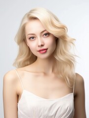 Naklejka premium Close up of beautiful Japanese woman in feminine dress with blonde hair, isolated white background, AI Generative