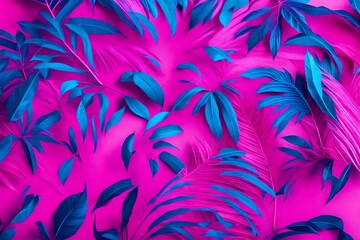 Fototapeta na wymiar Tropical leaves in neon pink blue lighting . Minimalistic background concept art