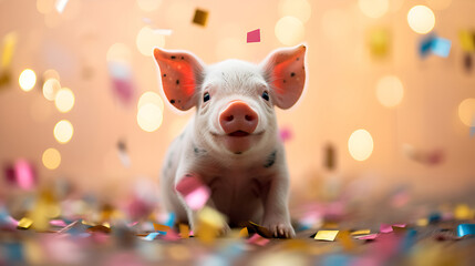 An adorable piglet peering curiously amidst a shower of festive confetti. Image has strong appeal for marketing campaigns around festivities. It can be used for greeting cards, for the Lunar New Year - obrazy, fototapety, plakaty