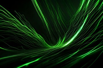 3d render, abstract wallpaper. Green neon lines over black background. Streaming energy. Particles moving