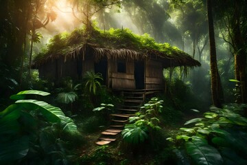 Lush green vegetation in jungle in morning sunlight. Dense tropical forest. Abandoned hut in jungle