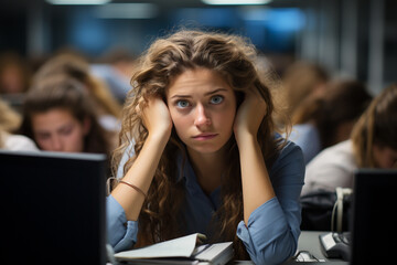 Stress at work. heavy workloads, tight deadlines, and demanding expectations, headache, sad and angry woman and man, emotion negative mental issue business office depression.