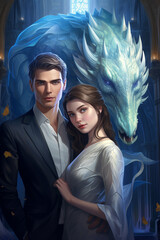 A fantastical trio: woman in white, man in suit standing before a majestic blue dragon.