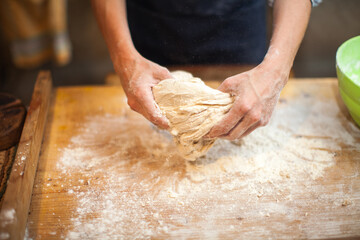 Adult Woman Hands Preparing Dough for Bread at Home