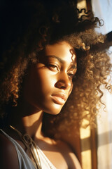 Fototapeta premium headshot of beautiful african american poc-woman with dark skin in a warm sunlit setting with neutral background in magazine fashion beauty editorial portra film look