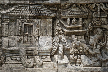 Relief on the wall of Tegowangi temple in Kediri, East Java. This temple is the place for the Bhre...