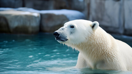Portrait of polar bear sitting in water in zoo, with tranquil expression on face. World Polar Bear Day. campaigns importance of protecting these iconic animals and their natural environment