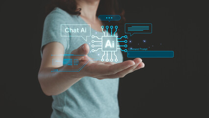 Ai, artificial intelligence technology concept. Human or business people use Ai tech with chat robot to open command prompt to generate something. Digital assistant bot for new smart customer service.