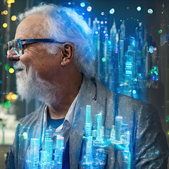 Old White Haired Man in Glaases with Holographic Buildings