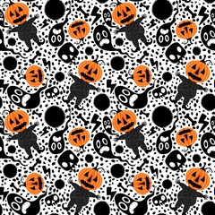Fototapeta premium Halloween pumpkins seamless harvest monsters pattern for wrapping paper and fabrics and linens and kids