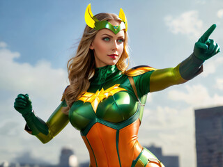 Woman Super Hero in Green and Orange Blonde Hair Posing Pointing Outside Daytime