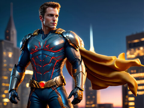 Super Hero in Blue with Red Accents, Steel Armor and Gold Cape Posing DOF City Buildings in the Background