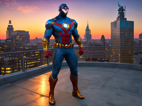 Masked Super Hero in Blue and  Red Standing on a Building Rooftop in City Dawn Sky