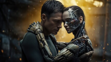 Android robot hugs a man. Relationship between artificial cyborg and real human. Concept of love in the future. AI Generated