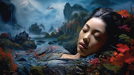 Beautiful young Asian woman sleeping like an angel among colorful flowers. Dreams of nice landscapes with mountains and rivers. AI Generated - obrazy, fototapety, plakaty