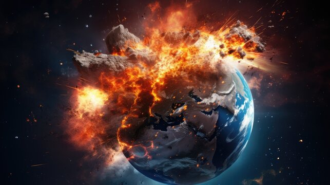 Planet Earth exploding from nuclear blast. Explosion of atomic bomb. Apocalypse, world war 3. AI Generated