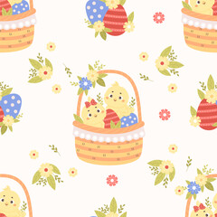Seamless Easter pattern. Cute pair boy and girl chicks in Easter basket with eggs and flowers on white background. Vector illustration for paschal design, wallpaper, packaging, textile