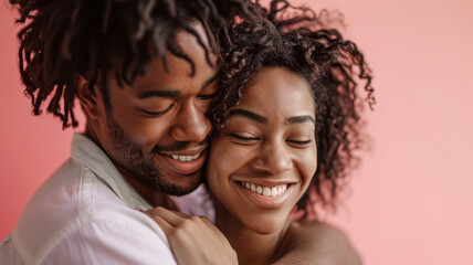 
A young couple tenderly embraces against a pastel background. Their smiles radiate joy, while the light pink backdrop emphasizes their love in this intimate moment. - obrazy, fototapety, plakaty