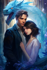 A magical embrace of a couple with a blue dragon looming protectively.