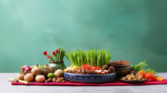 Celebrating renewal with sprouted wheat grass: happy nowruz, a festive homage to nature's rebirth, cultural traditions, and the joyous spirit of persian new year, embracing health and vitality.