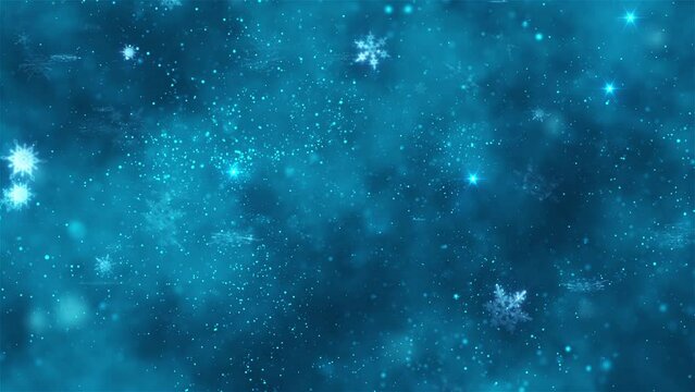 Christmas background. Snow, blizzard, decorative snowflakes. New year's night. 3D animation. Quick Time, h264, 16-bit color, highest quality. Smooth gradation of color, without banding effect. 