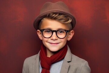 Portrait of a cute little boy wearing a hat and glasses.