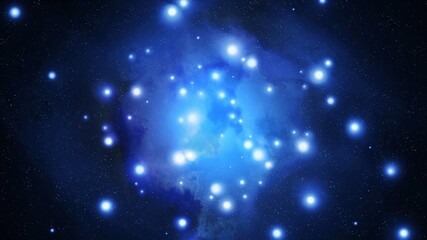 Cluster of blue stars with nebula in space. Distant constellation in the galaxy. Birth of bright stars from cosmic dust.