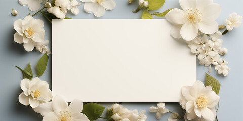 white flowers with invitation card, mockup